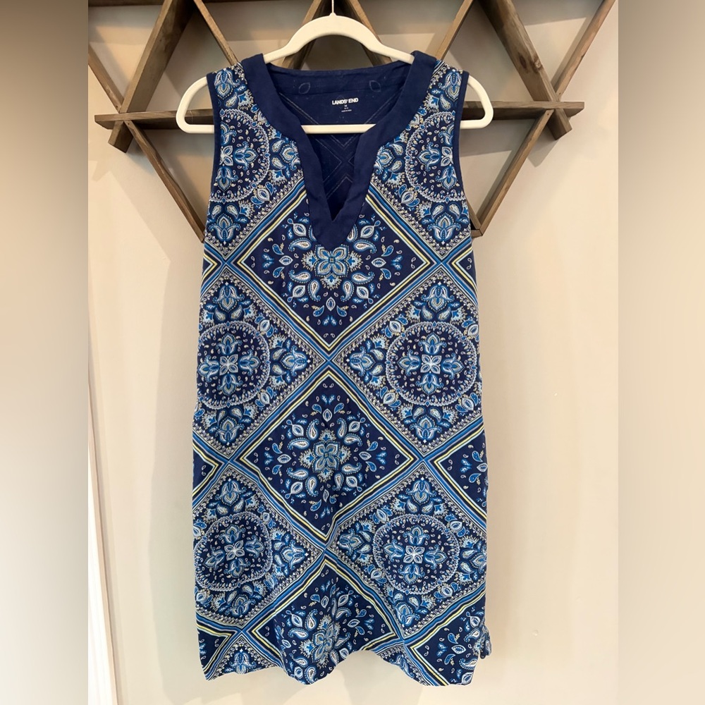 Lands' End Women's Cotton Jersey Sleeveless Swim Cover-up Dress-blue paisley